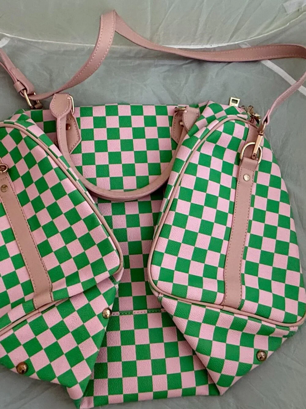 Pink & Green Checkered Weekender/Duffle Bag + Matching Zip Wallet/Card Case 4pc